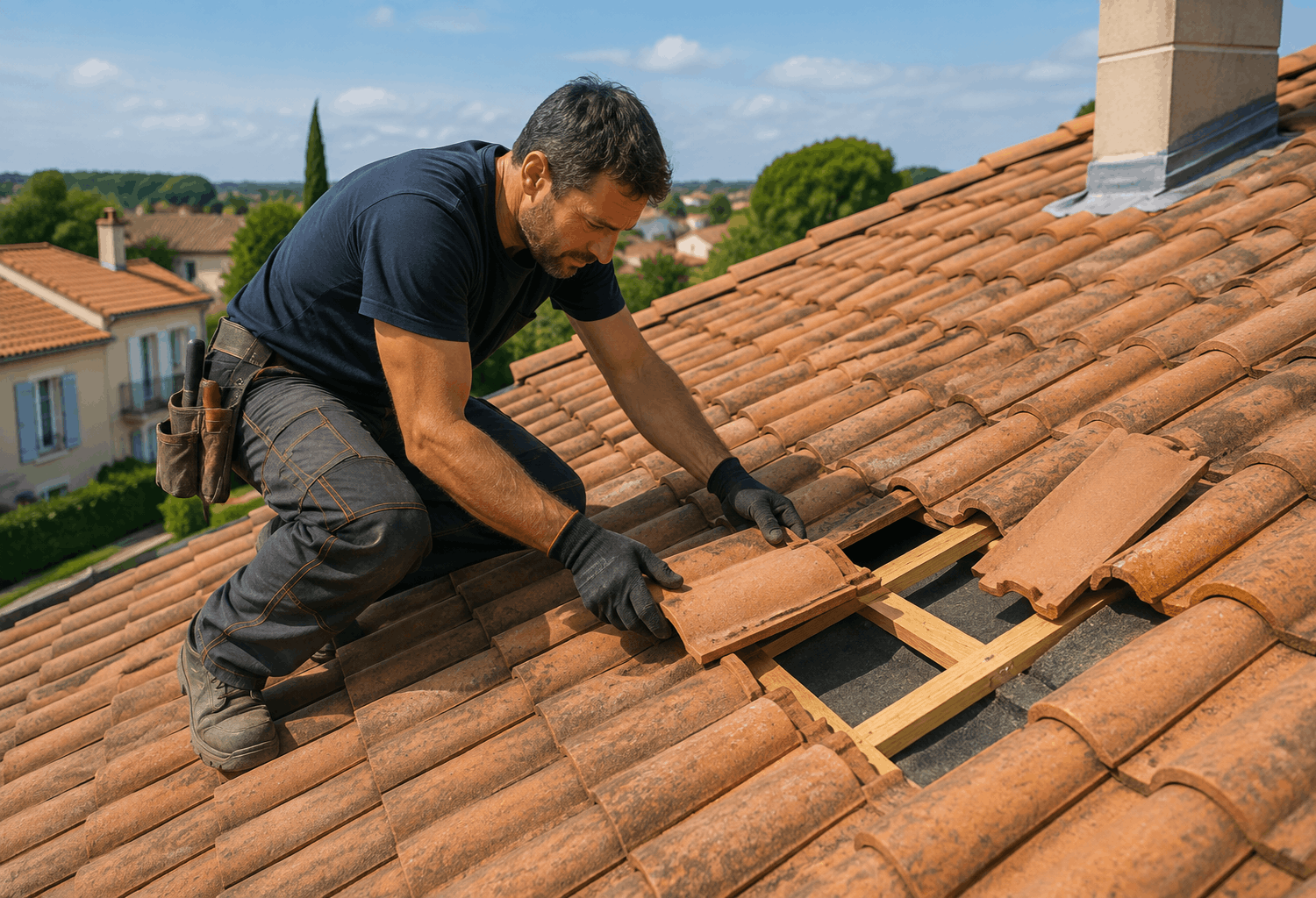 Remplacement de tuiles cassées sur toiture à Bordeaux